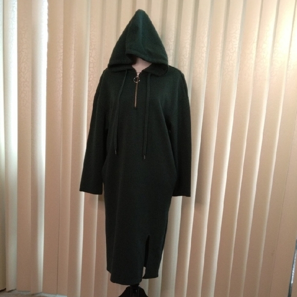 Dark Green Full-Length Hooded Coat with Textured Fabric - Picture 1 of 6